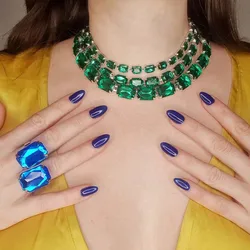 Stonefans Colourful Square Jewelry Set Choker Statement Accessories Fashion Geometric Rhinestone Necklace Ring Set for Women
