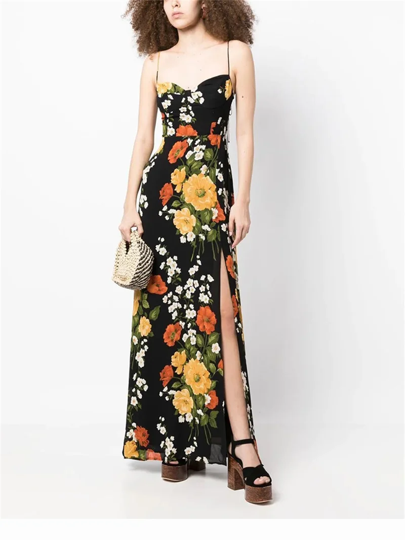 

Ladies Square Neck Sleeveless Slim Long Dresses Vintage Floral Printing Temperament Sexy Women Split Sling Dress 2024 New Summer