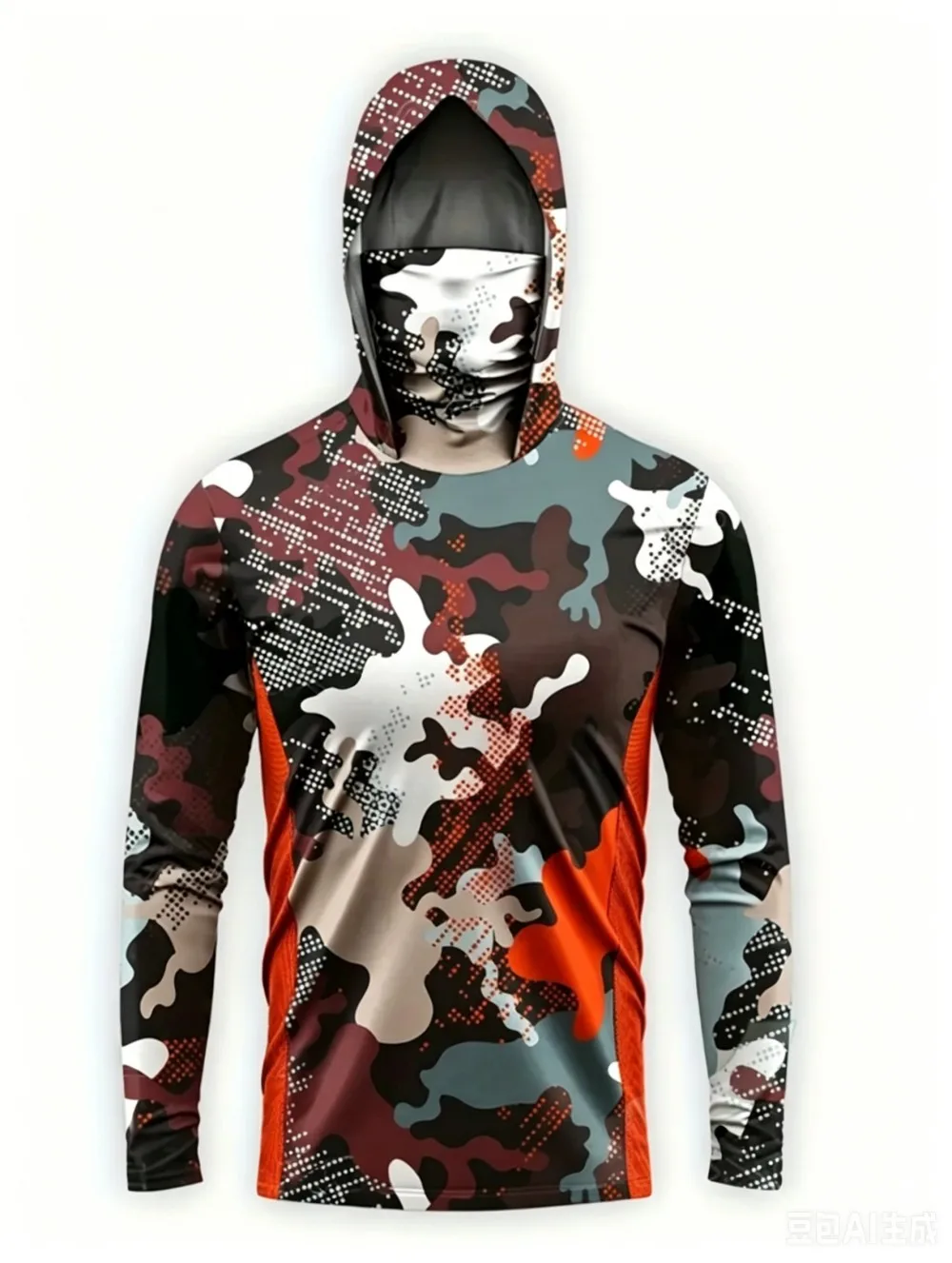 UPF50+ Camo Men Long Sleeve Fishing Hoodie With Face Mask Lightweight Breathable Quick Dry Outdoor Fishing Jersey