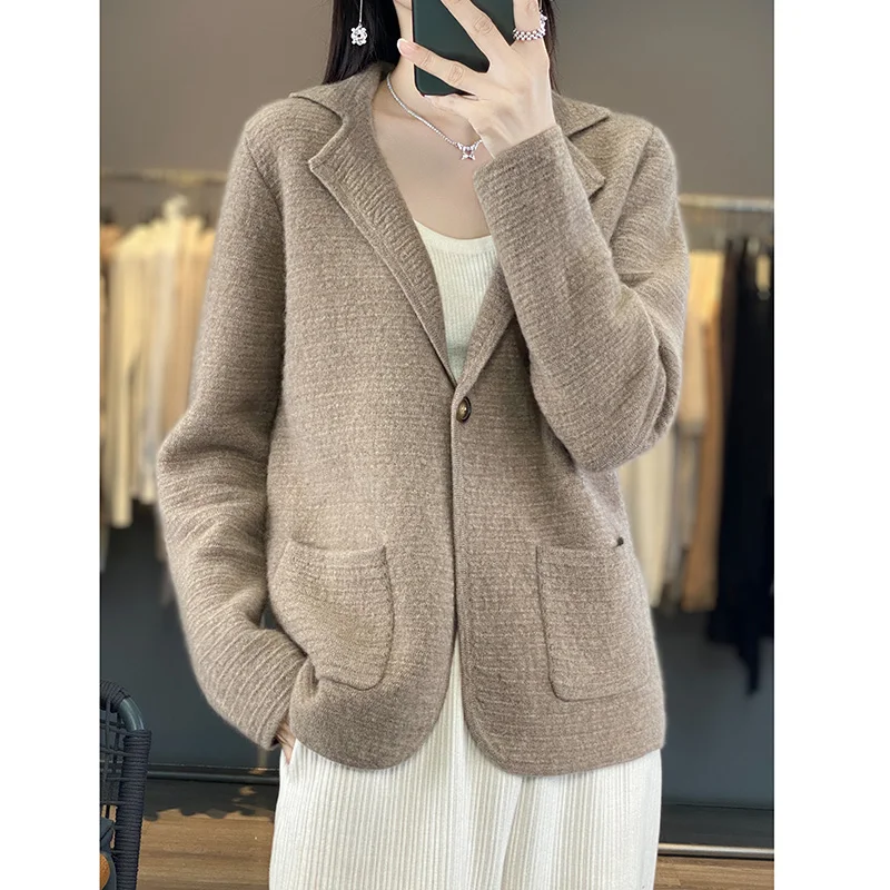

2025 Spring and Autumn New 100% Wool Cardigan for Women V-neck Long Sleeve Single-breasted Loose Pocket Knitted Blazer Jacket