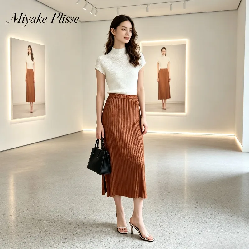 Miyake Pleated 2026 New Spring Summer Straight Skirt Women Elastic Waist Pleated Mid-Length Split Skirt Draped Versatile Skirt