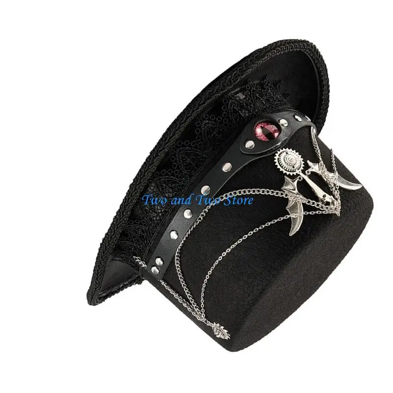 

HX6F Unisex Felts Top Hat With Metal Chain and Lace Trim Decoration Halloween Costume