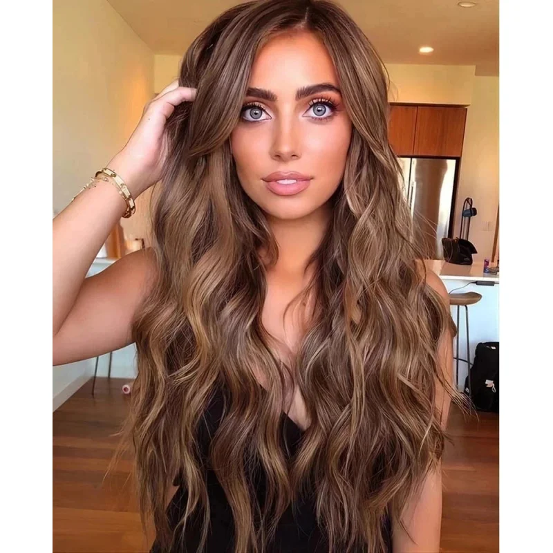 

Real Human Hair New Fashion Gorgeous Long Natural Brown Wavy Women's Wigs 24 In