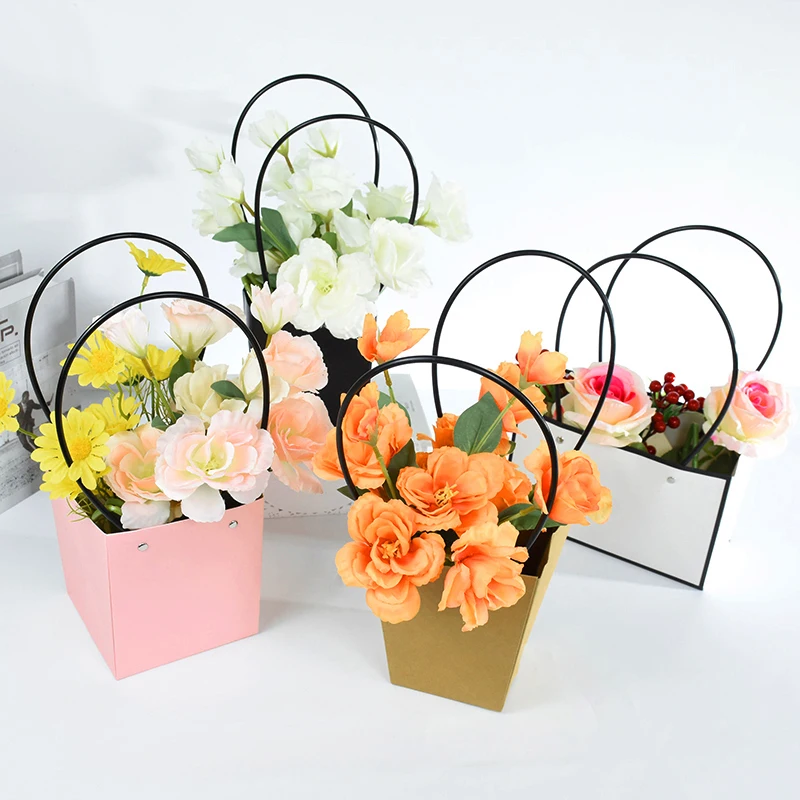 1Pc Portable Flower Box Paper Handy Gift Bag With Handhold Wedding Rose Party Gift Box Candy Cake Packaging Bag Box for Birthday