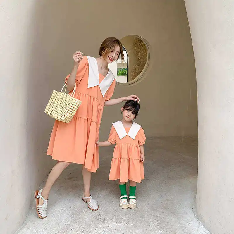 Parent-child Wear 2022 New Trendy Summer Korean Version Cute Mother and Daughter French Doll Collar Dress family matching cloth