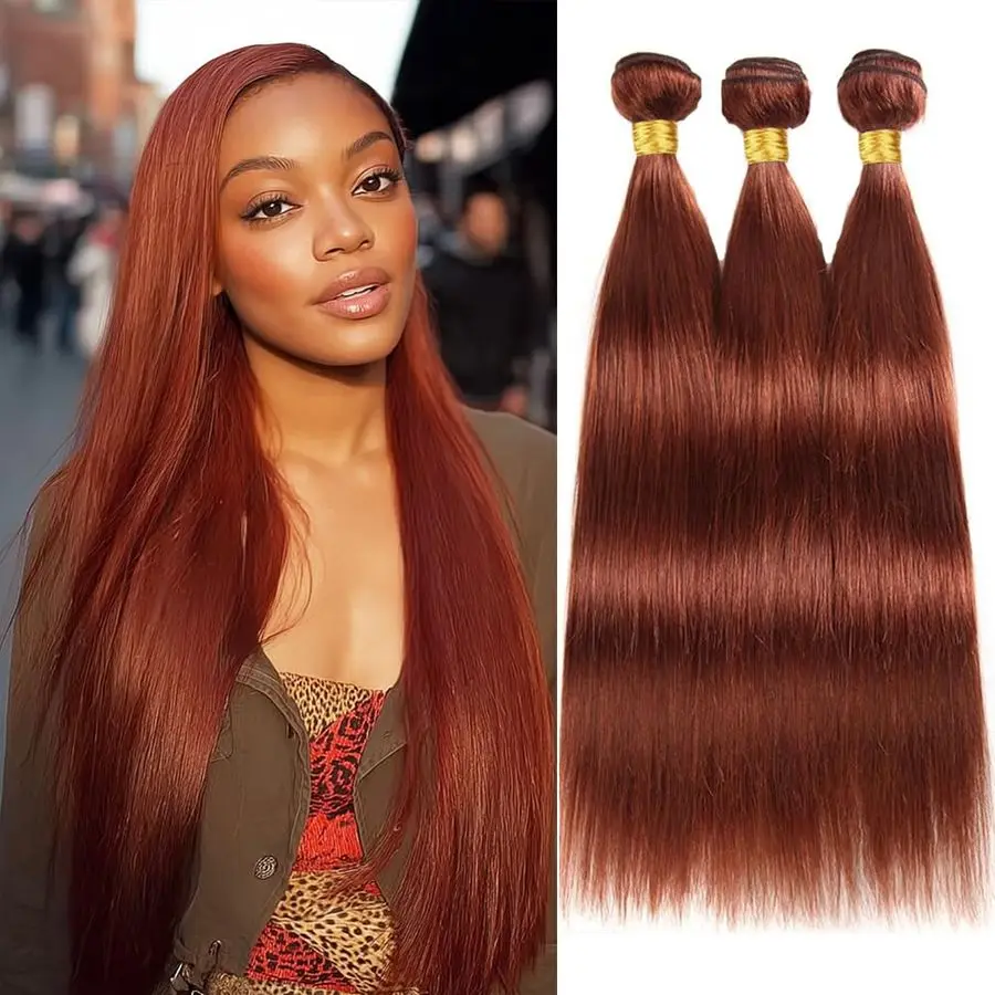 

Красные прямые пучки человеческих волос, цвет 33, красновато-коричневые пучки, двойной уток, бразильские каштановые наращивание волос, шелковистые и мягкие для W