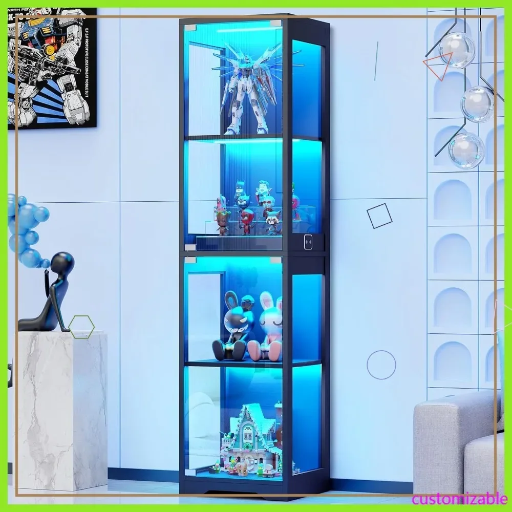 4-Tier Glass Display Cabinet with 3 Color LED Lights & Human Body Sensor for Collectibles, Books, Figurines - Black