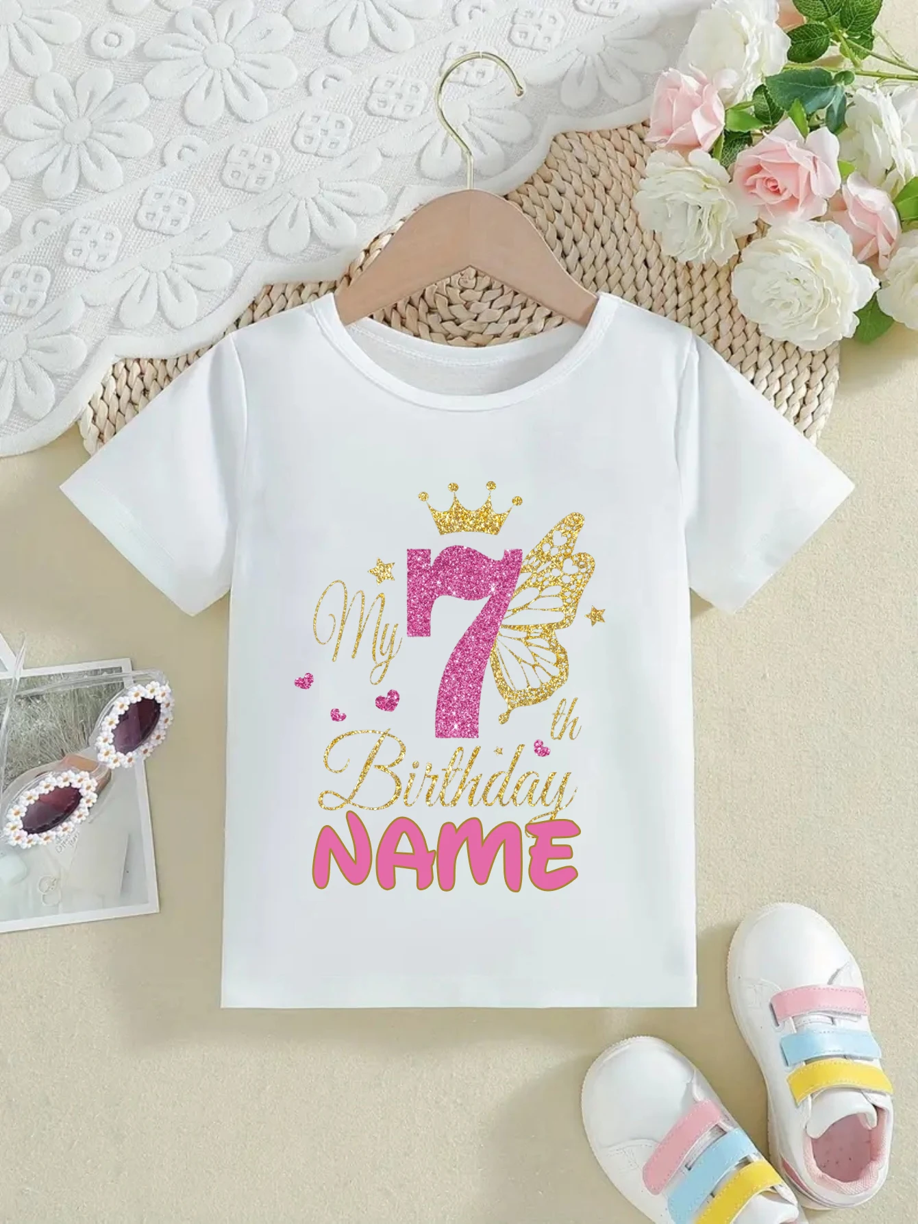 

Custom Name Glitter Butterfly Crown 2nd-8th Birthday Gift Tshirt For Girls White Kawaii Kids Clothes Summer Fashion T-Shirt