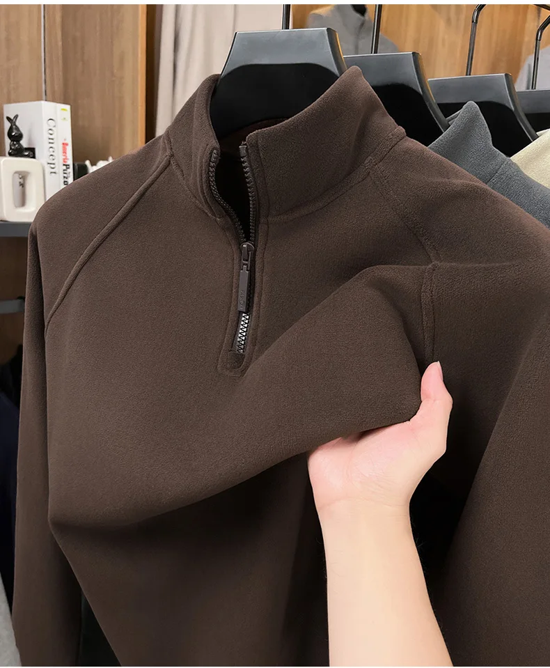 High-end Semi-high Neck Zip-Up Sweatshirt for Men Fleece-lined and Thickened 2025 New Autumn/Winter Warm Long Sleeve Top for Men