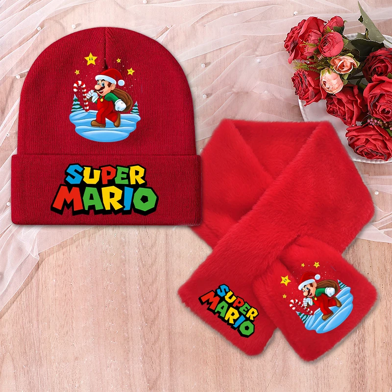 سوبر ماريو محبوك قبعة أفخم وشاح أزياء الأحمر عيد الميلاد شتاء دافئ النشاط في الهواء الطلق بيني لطيف بنين بنات هدايا حفلة عيد الميلاد
