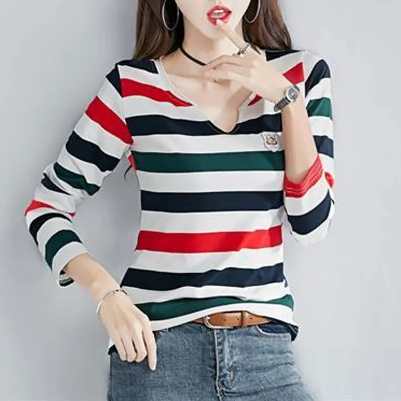 Fashion Casual V-Neck T-shirt Female Clothing All-match Color Striped Spring Autumn Slim Long Sleeve Korean Patchwork Pullovers