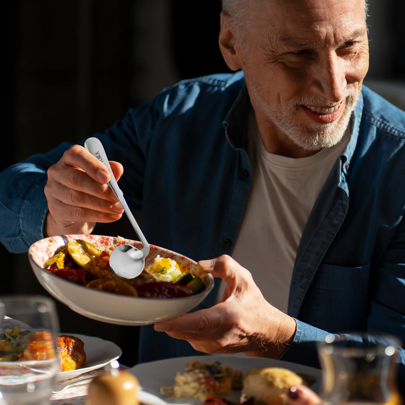 

1 set 1 Set Practical Curved Spoon Disabled Auxiliary Fork Easy Use Feeding Aids For Elderly Angled Stainless Steel Tableware