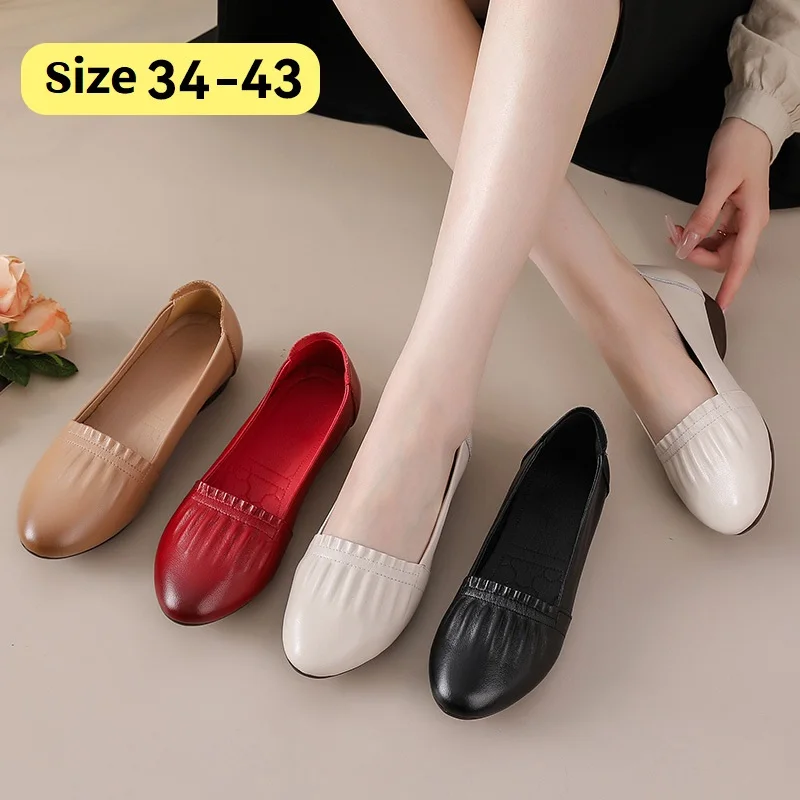 Elegant Real Leather Ballet Flats  Women Slip-On Moccasin Ladies Low Heel Office Shoes Comfortable Lazy Women's Footwear Size 43