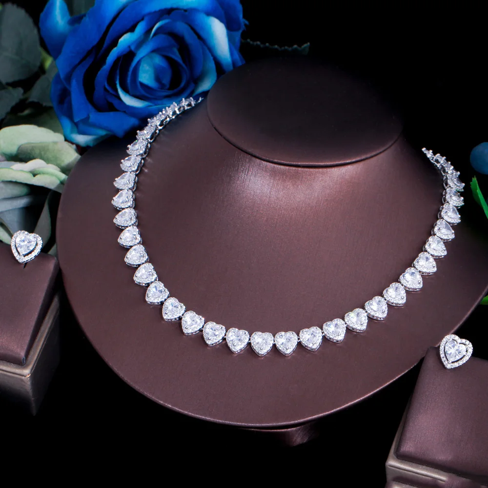 ThreeGraces Luxury Cubic Zirconia Stone Shiny Heart CZ Stud Earrings and Necklace Bridal Wedding Jewelry Set for Women TZ952