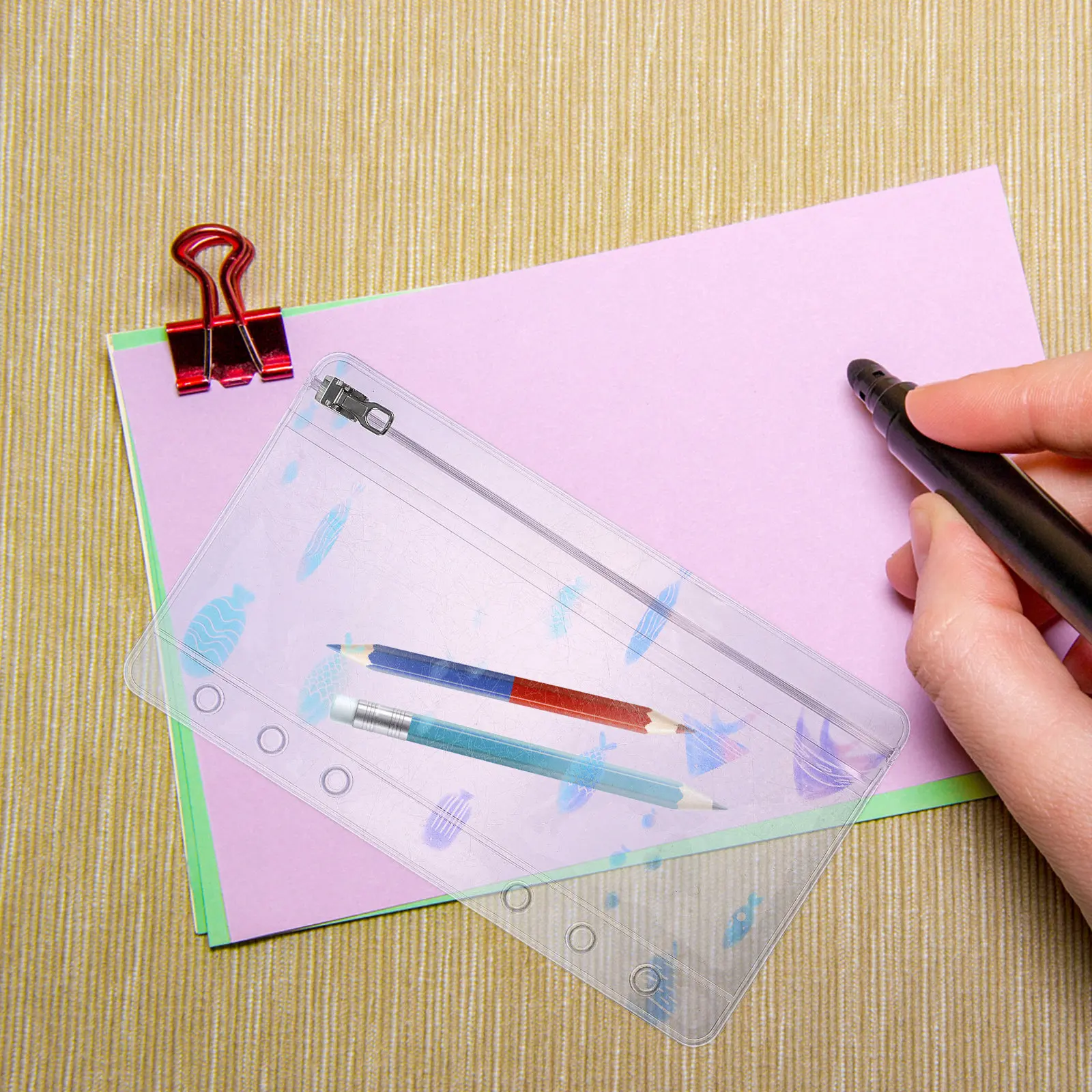 

Папка-скоросшиватель из ПВХ с карманом на молнии, 6 отверстий, для хранения канцелярских принадлежностей, документов, визиток, блокнотов