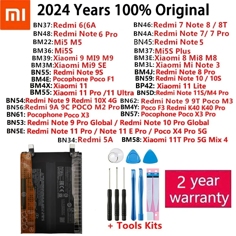 For Xiaomi Redmi Note Mi K40 5 5A 5S 6 6A 7 8 8T 9 9A 9C 9S 9T 10 10S 10X 11 11S 11T SE Poco F1 M2 M3 F3 X3 4X Plus Pro Battery