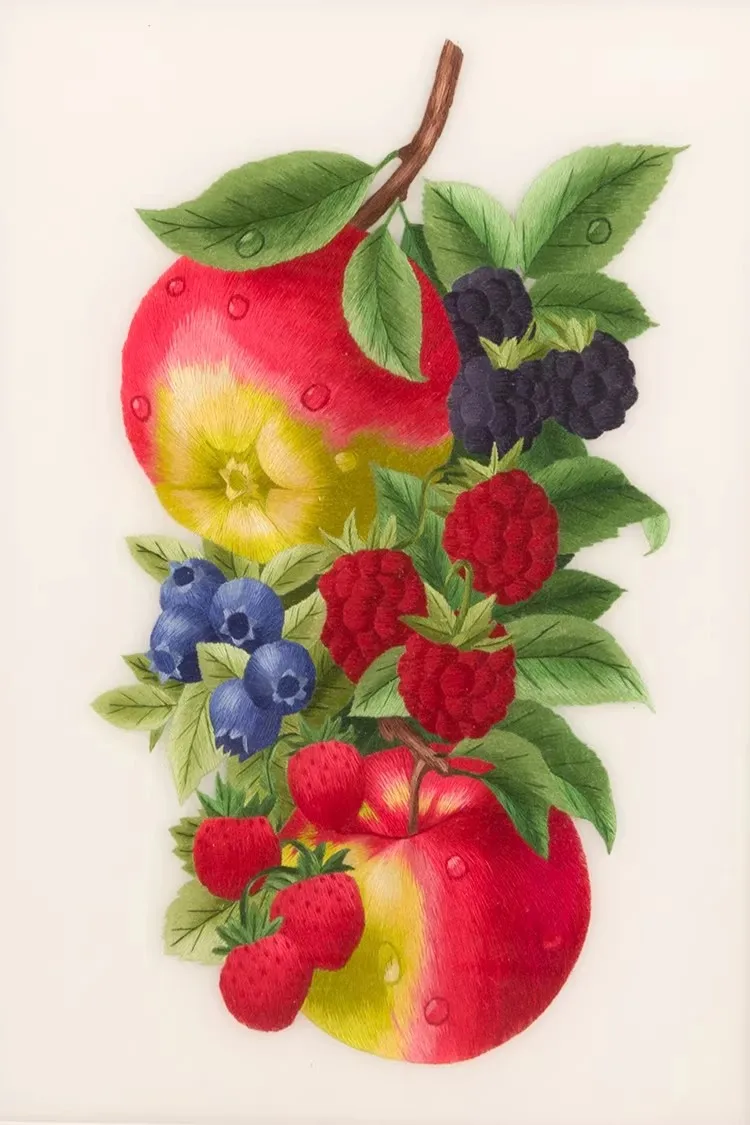 DIY Suzhou Embroidery Kit: Playful Fruit Designs, Complete Set to Create Wall Art, Includes Silk Threads, Fabric and Hoop