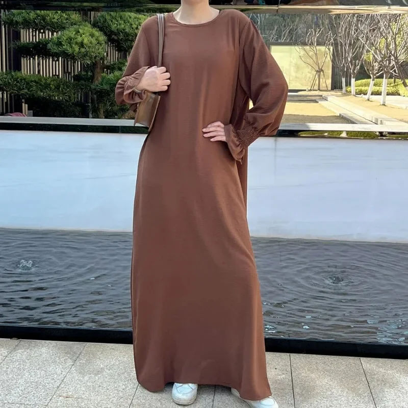 Inner Long Slip Dress Solid Color Smocked Cuffs Islamic Clothing Muslim Woman Casual Dubai Turk Modest Hijabi Robe