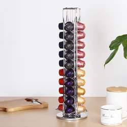 Silver 40pcs Nespresso Capsule Holder Rotating Stand 360 Degree Rotatable Shelf Caffee Organiser for Storage for Coffee Capsules