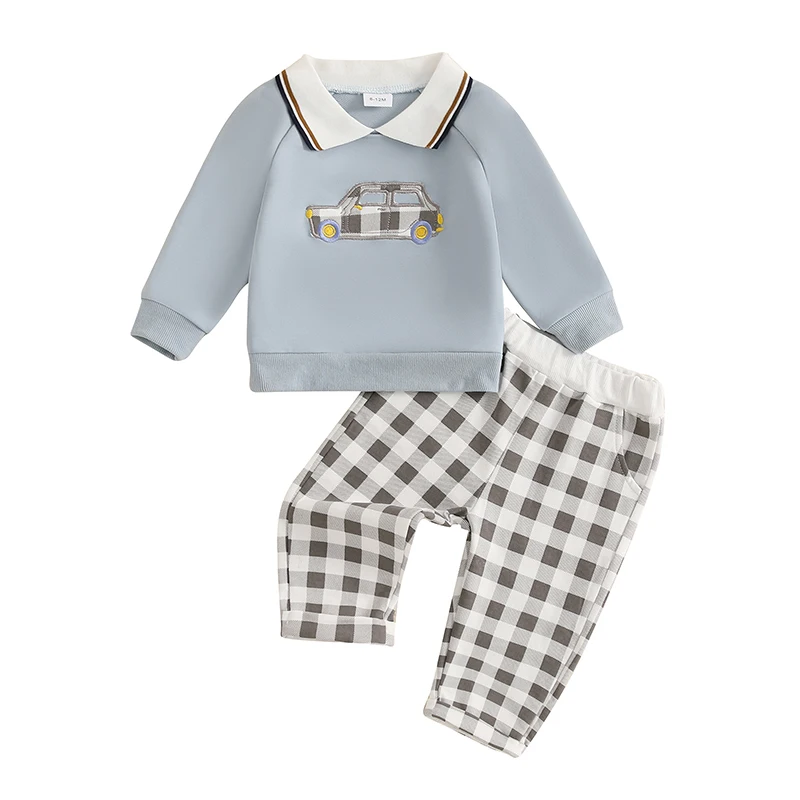 

Little Boy Fall Outfit Car Embroidery Doll Collar Sweatshirt Plaid Elastic Waist Pants 2 Piece Set for Winter Fall