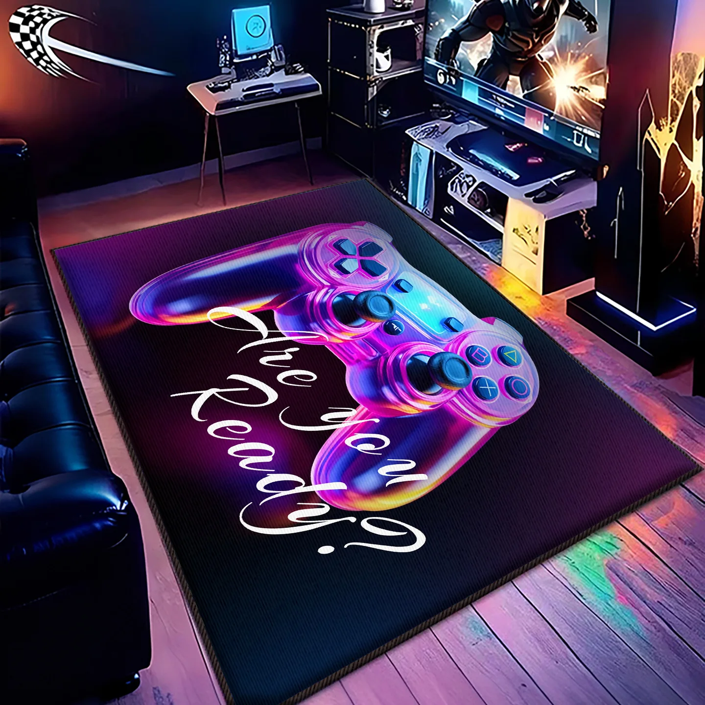 Neon Game Controller Gaming Rug Cyberpunk Non Slip Stain Resistant Floor Mat for Men Computer Room Gamer Bedroom Decor