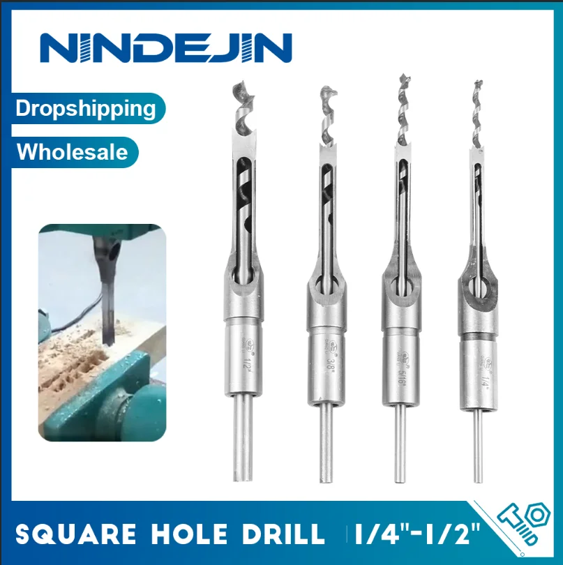 NINDEJIN 4pcs Square Hole Drill Mortising Chisel High Speed Steel Woodworking Tool Auger 1/4\