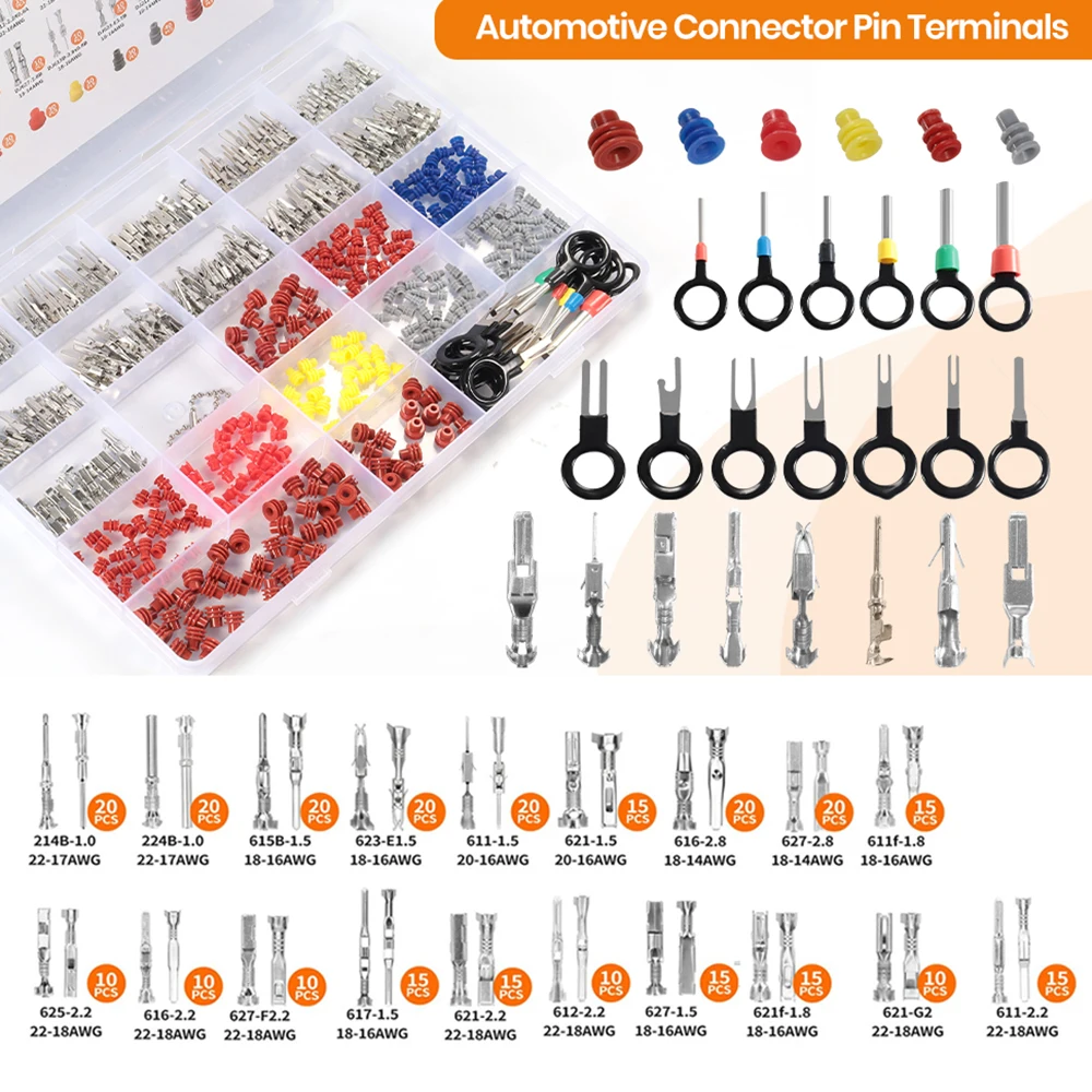 

718PCS Automotive Electrical Pin Connectors,1/1.5/1.8/2.2/2.8/3.5mm Terminal Pin with Pin Removal Tool,for 22-14 AWG Molex Style