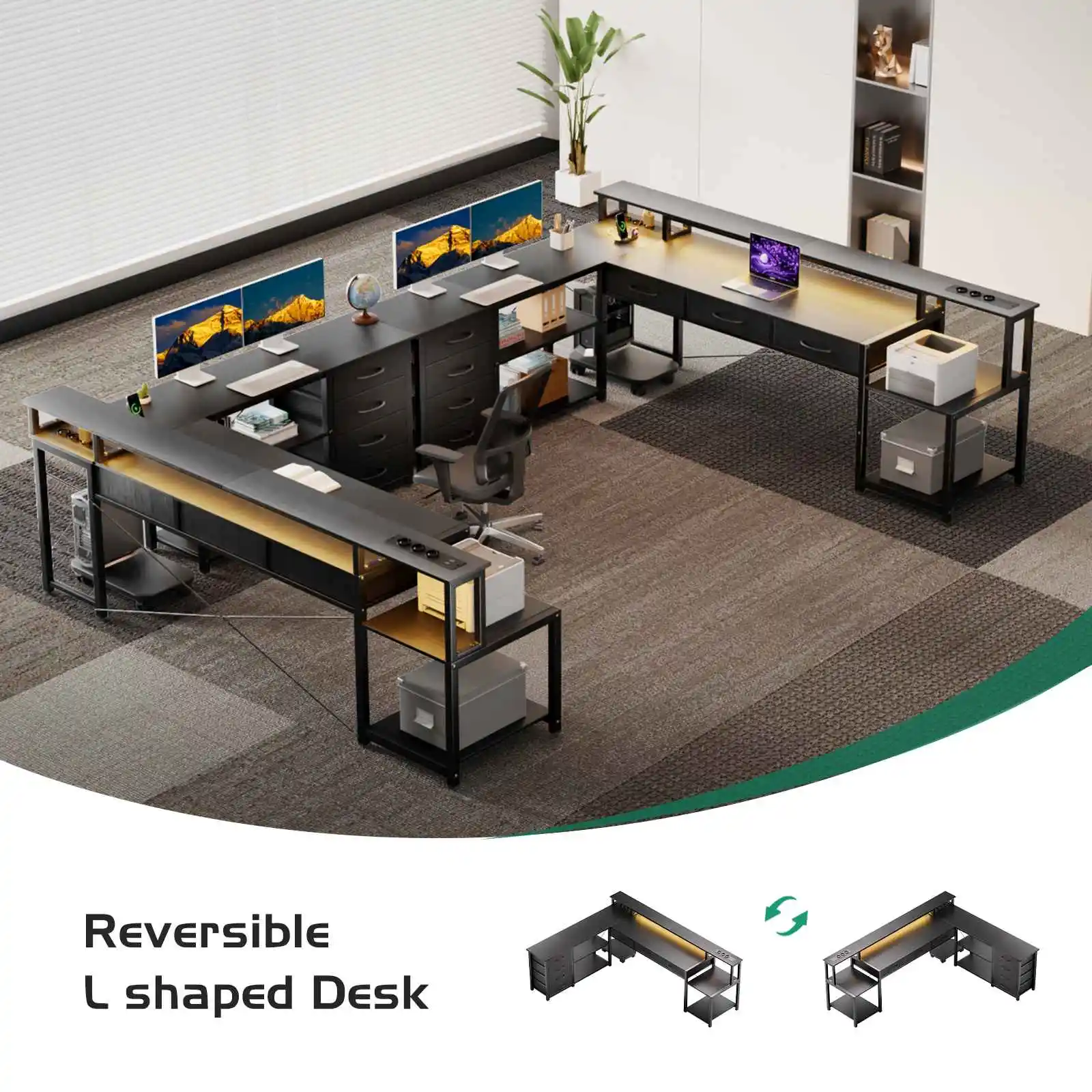 Scrivania quadrata con cassetti, prese elettriche e porte USB, supporto per monitor e illuminazione a LED inclusi, colore nero.
