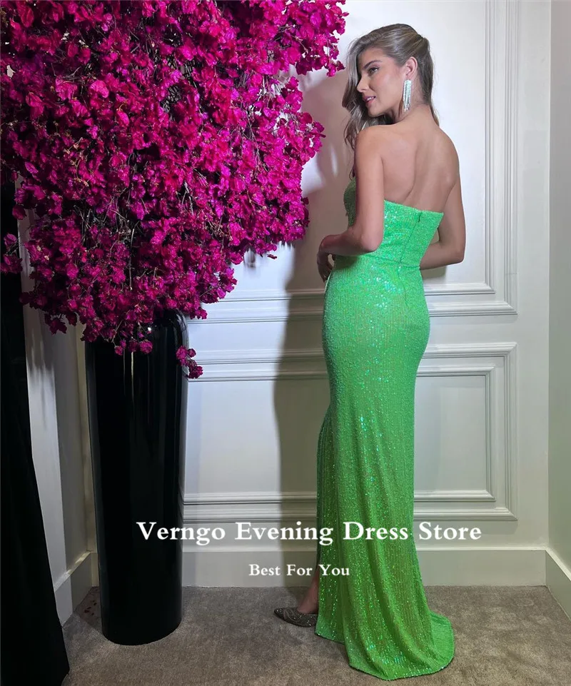 Verngo Bright Green Sparkly Evening Dresses Strapless Leg Slit Modern Sexy Formal Party Dress Glitter Prom vestidos de noche