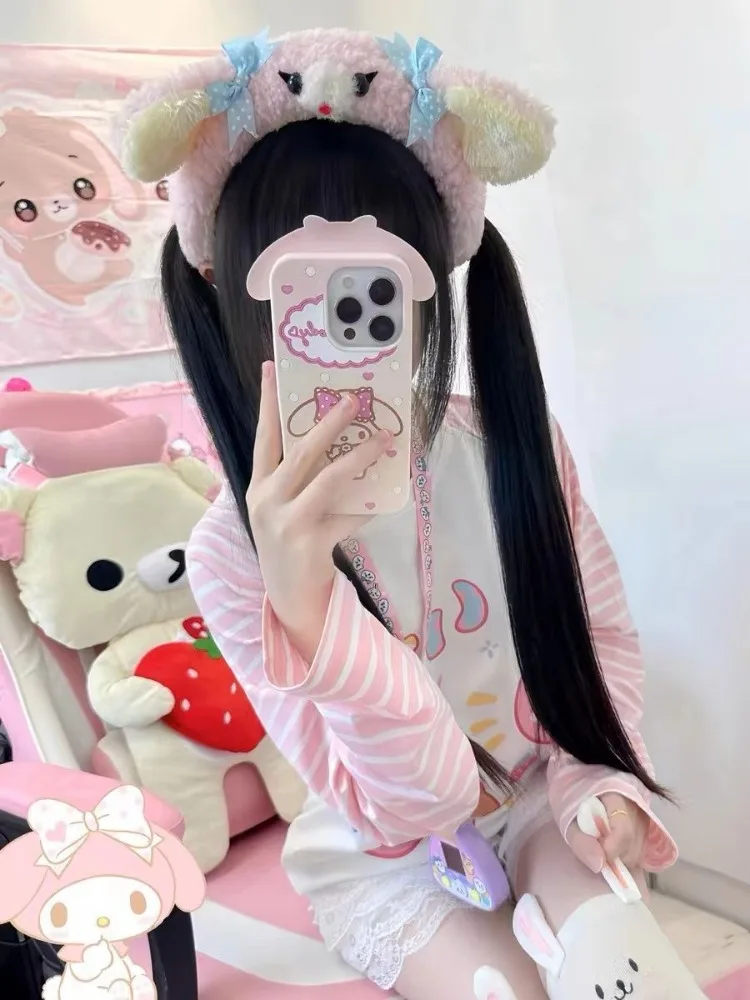 Japanese Sweet Cute Patchwork Pink Aesthetics Anime T-shirt Women Spring Autumn Long-sleeved Tops New Student Loose Soft Tees