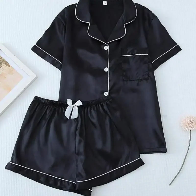 

Elastic Waist Shorts Pajamas Set Women Satin Nightwear Loose Pijama Mujer 2Pcs Outwear Sleepwear Sexy Lapel Shirt Shorts