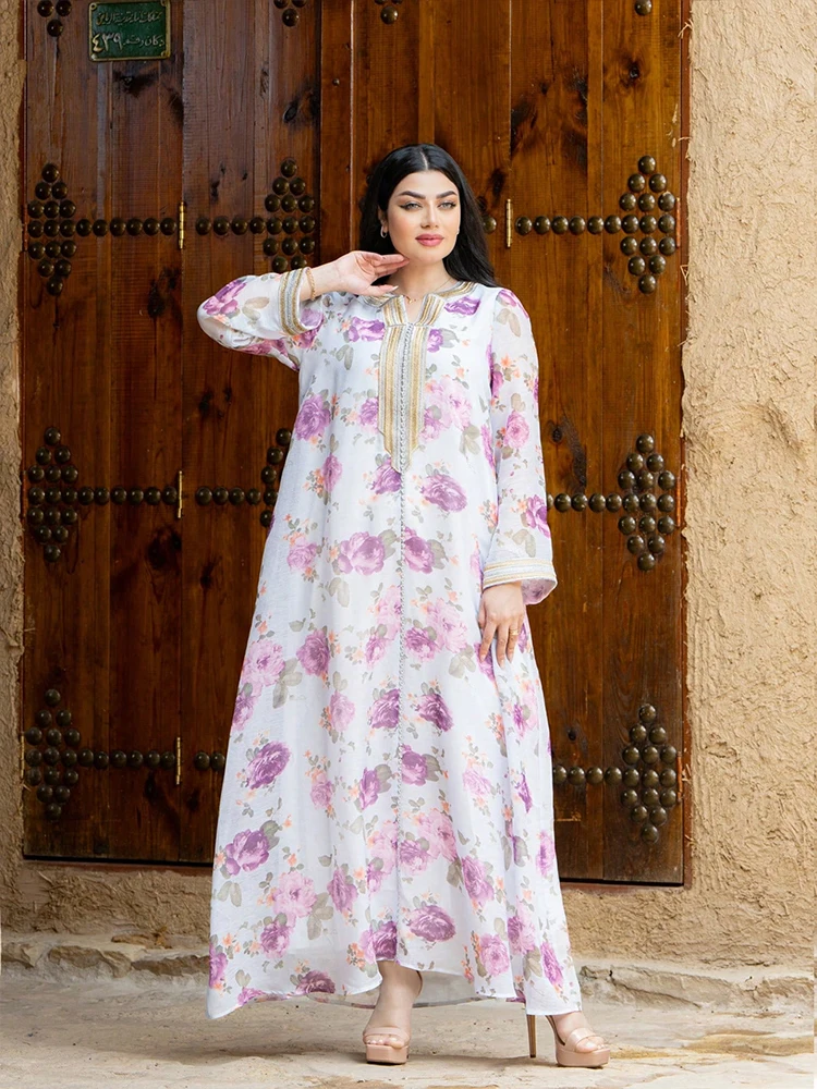 TOLEEN femmes robes au sol moyen-orient ample imprimé fleuri Robe pour femmes musulmanes à manches longues et Robe de soirée élégante