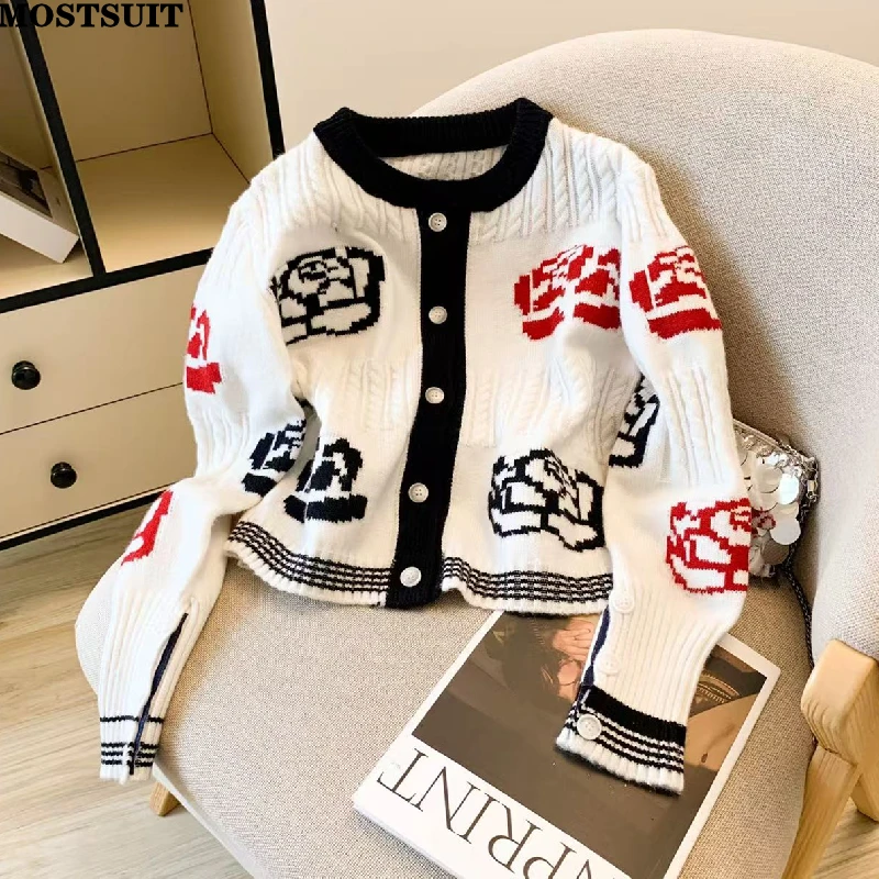 

Rose Jacquard Knitted Sweater Cardigan Women Autumn Winter Stylish Fashion Chic Ladies Knitwear Tops Long Sleeve O-neck Jumpers