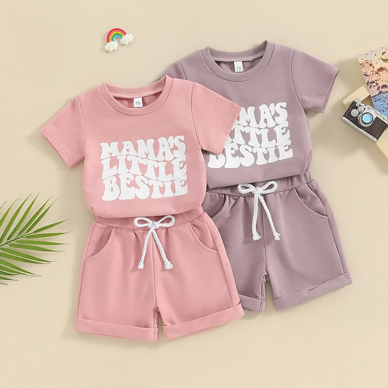 

Toddler Girl Summer Clothes Letter Print Short Sleeve Round Neck T-Shirt with Solid Color Shorts 2Pcs Outfit Children's Clothing