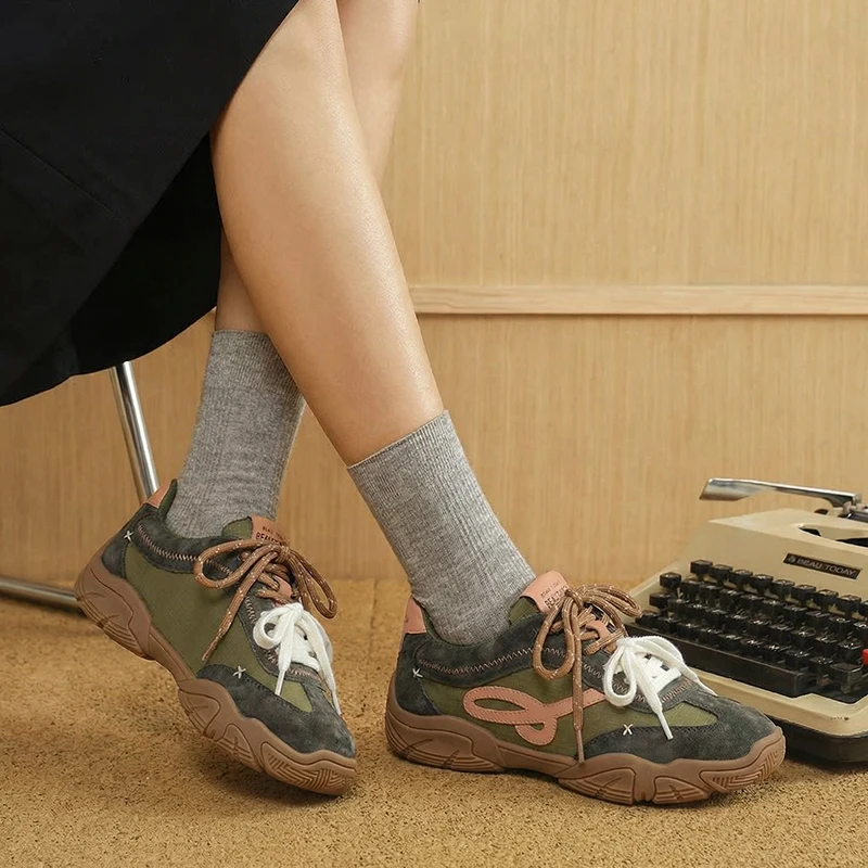 BEAUTODAY Casual Sneaker Cow Suede Leather Mixed Color Round Toe Dual-Colored Shoelaces Vulcanize Shoes Handmade 29999