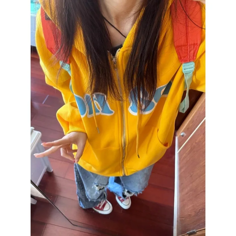 

American hiphop yellow creative letter hooded cardigan sweater women's early autumn thin large size loose casual Joker top