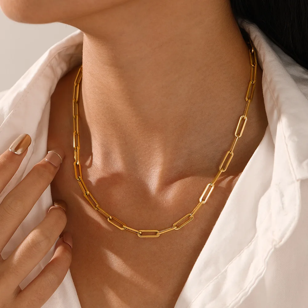 Stainless Steel Basic Frame Link Chain Lobster Clasp Necklace Waterproof 18K Gold Plated Metal Texture Collar Women Jewelry Gift