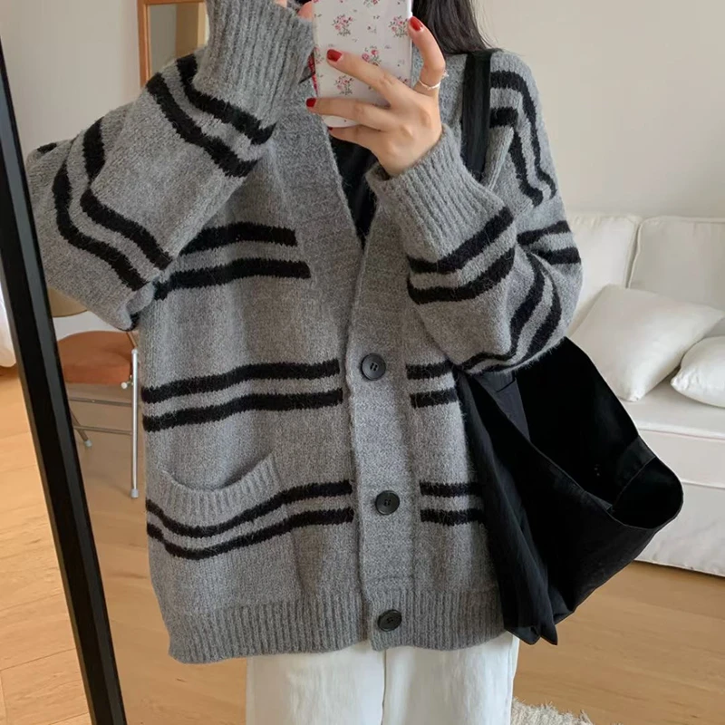 

women single-breasted contrasting color casual oversized cardigan autumn winter V-neck wool knitted sweater y2k long coat female