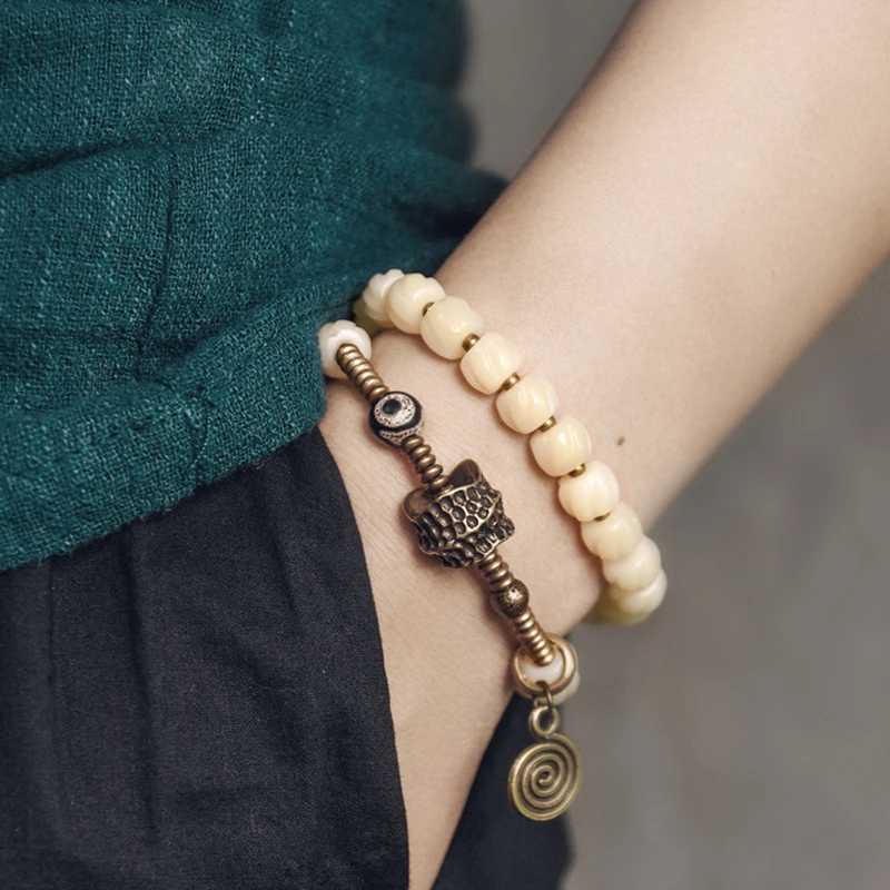 Trendy Two Row Tibetan Yak Bone Bead Bracelet Hammered Copper Charm Bead Prayer Peace Positive Energy Jewelry Mom Gift Girl