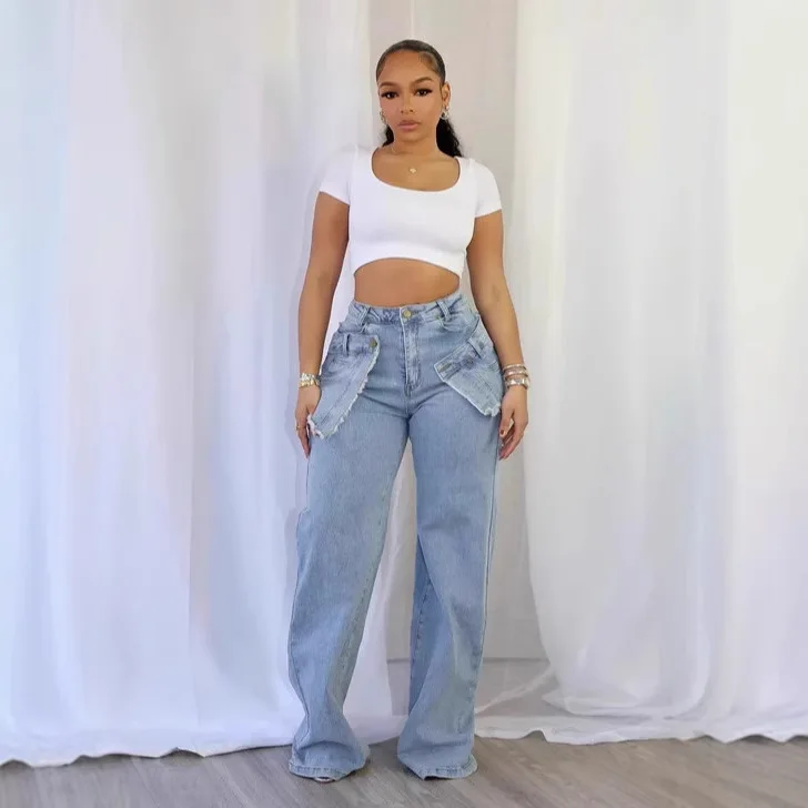 

Y2K Distressed Ripped Jeans Light Blue High Waisted Frayed Design Casual Loose Wide Leg Jeans Women Vintage Fashion Streetwear