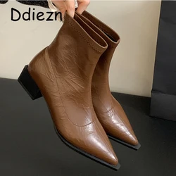 2024 Ladies Ankle Boots Shoes Middle Heels New Fashion Female Footwear Autumn Spring Pointed Toe Shoes Women Short Booties