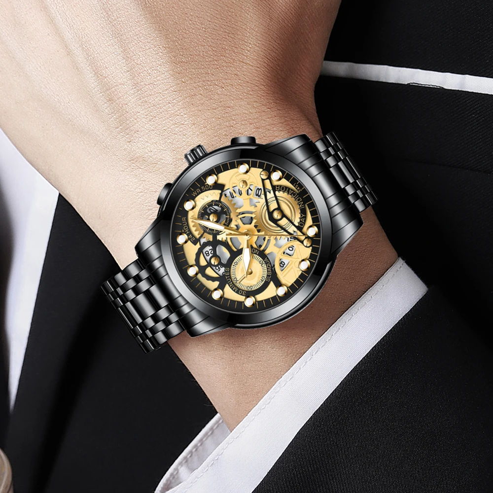 VA VA VOOM 브랜드 남성 시계 41mm 패셔너블한 속이 빈 다이얼 3Bar 방수 블랙 스테인리스 스틸 쿼츠 무브먼트 남성 시계 reloj