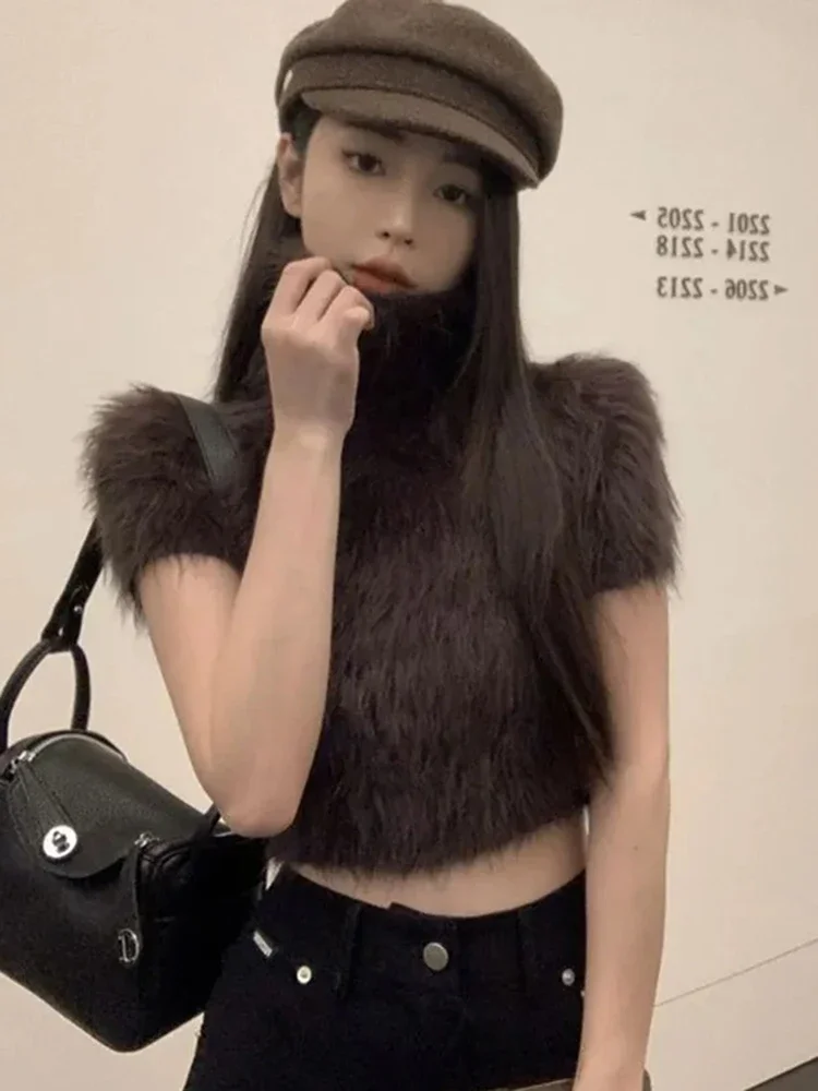 Crop Turtleneck Sweater Women Short Sleeves Plush Slim Fit Streetwear Pullovers Vintage Solid Hottie Office Lady Korean Jumpers