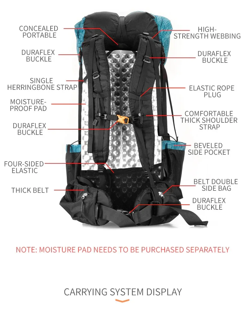 3F UL Gear Qidian Rucksack Outdoor Camping UHMWPE Rucksack Ultraleicht 40+16L Langlebige Tasche Wasserdicht Wandern Bergsteigen – Detail 4
