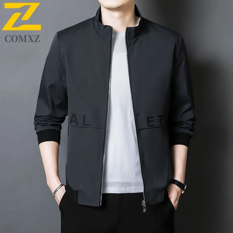 

COMXZ 2025 Men's Lightweight Breathable Letter Print Stand Collar Casual Jacket Spring Autumn Trendy Anti Pilling Windproof Coat