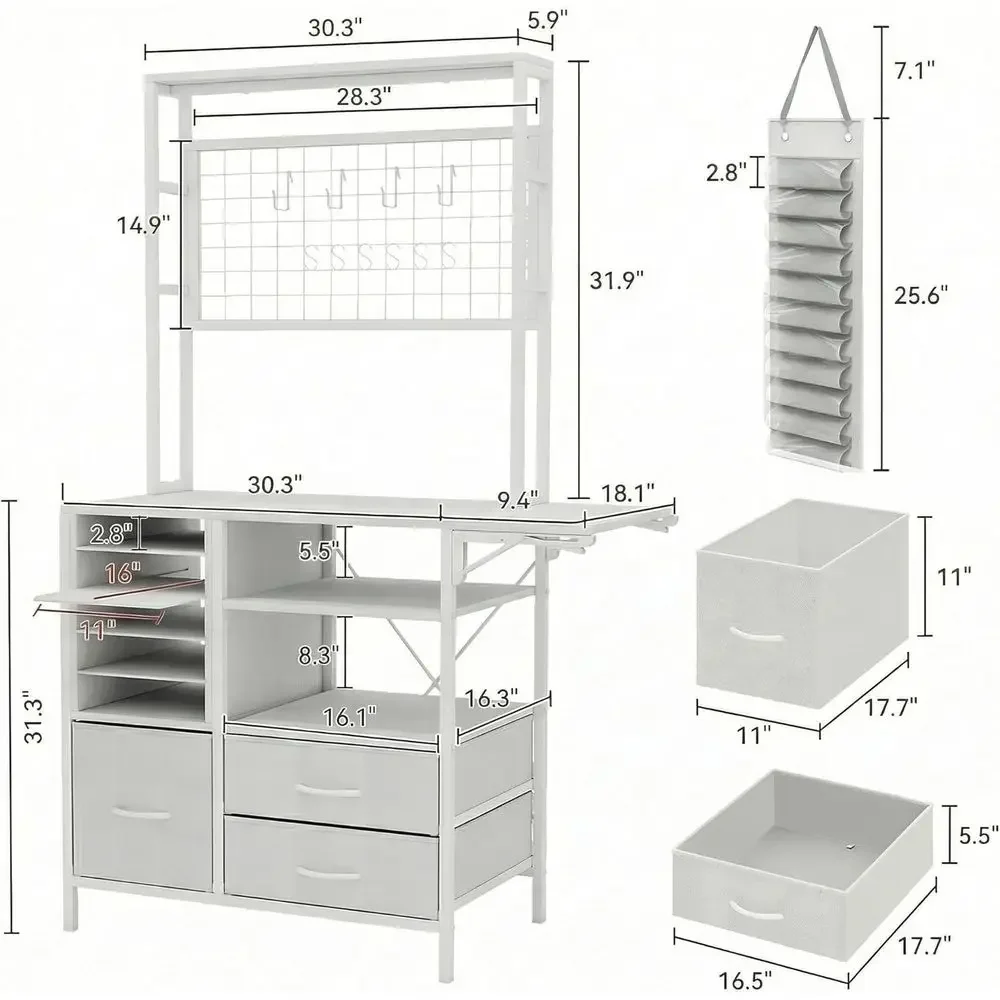 Craft Organizer and Storage Cabinet, Compatible with Cricut, White Craft Table, Large Crafting Desk with Drawers and Vinyl Holde