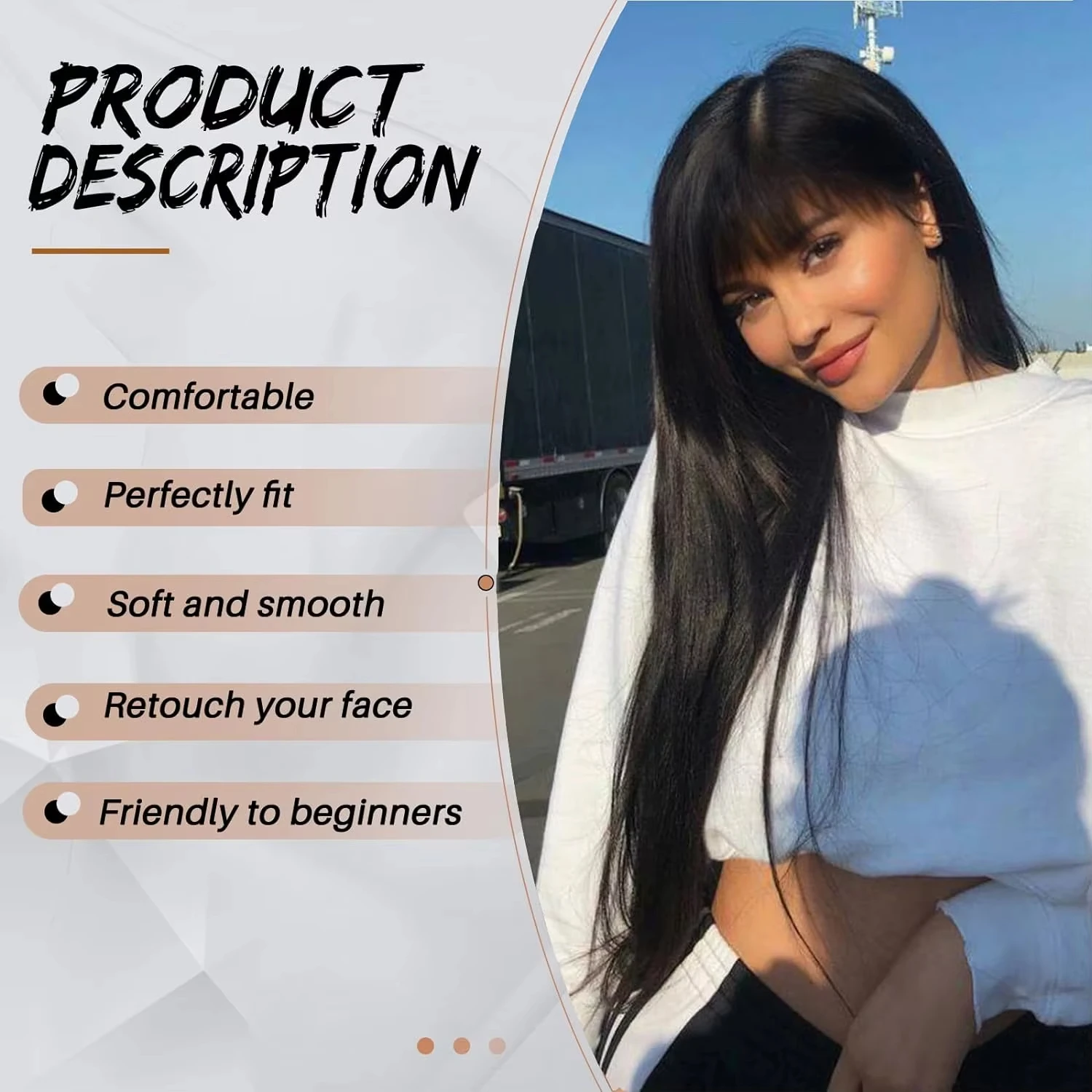 شعر مستعار أسود للنساء، شعر مستعار أسود طويل مستقيم مع غرة، شعر صناعي طبيعي للاستخدام اليومي للحفلات، شعر مستعار من الألياف المقاومة للحرارة #2