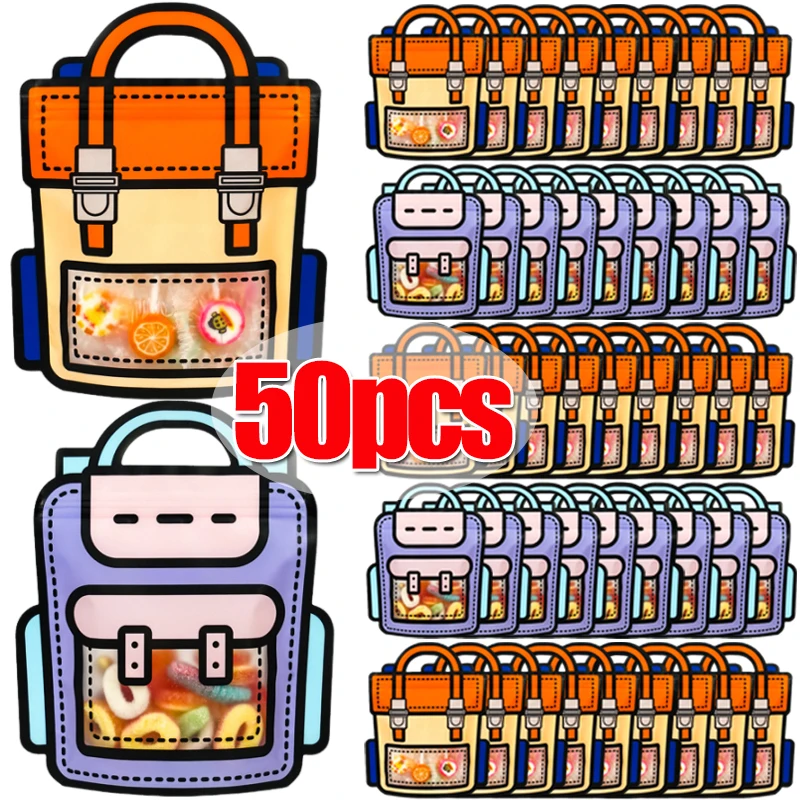 50/1 Uds. Bolsas de embalaje de regalos creativos, bolsa escolar de dibujos animados con forma de caramelo, bolsas autoblocantes para aperitivos, regalos de decoración para fiesta de cumpleaños para niños