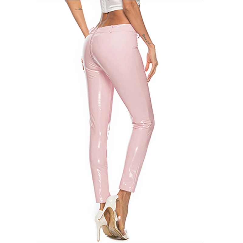 Shiny Pink PU Leggings Reflective Mirror Femal Sexy Low Waist Trousers Club Party Push Up Women Leather Zipper Pants