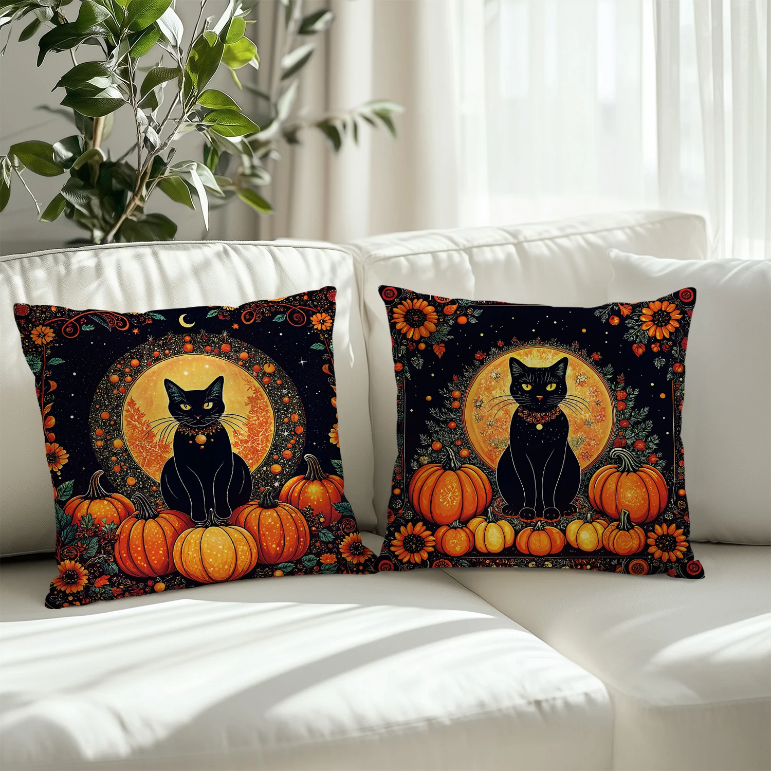 2pcs Halloween Black Cat Throw Pillow Covers, 18x18 Inch, Short Plush Polyester Zippered Cushion Cases, Spooky Style Decor